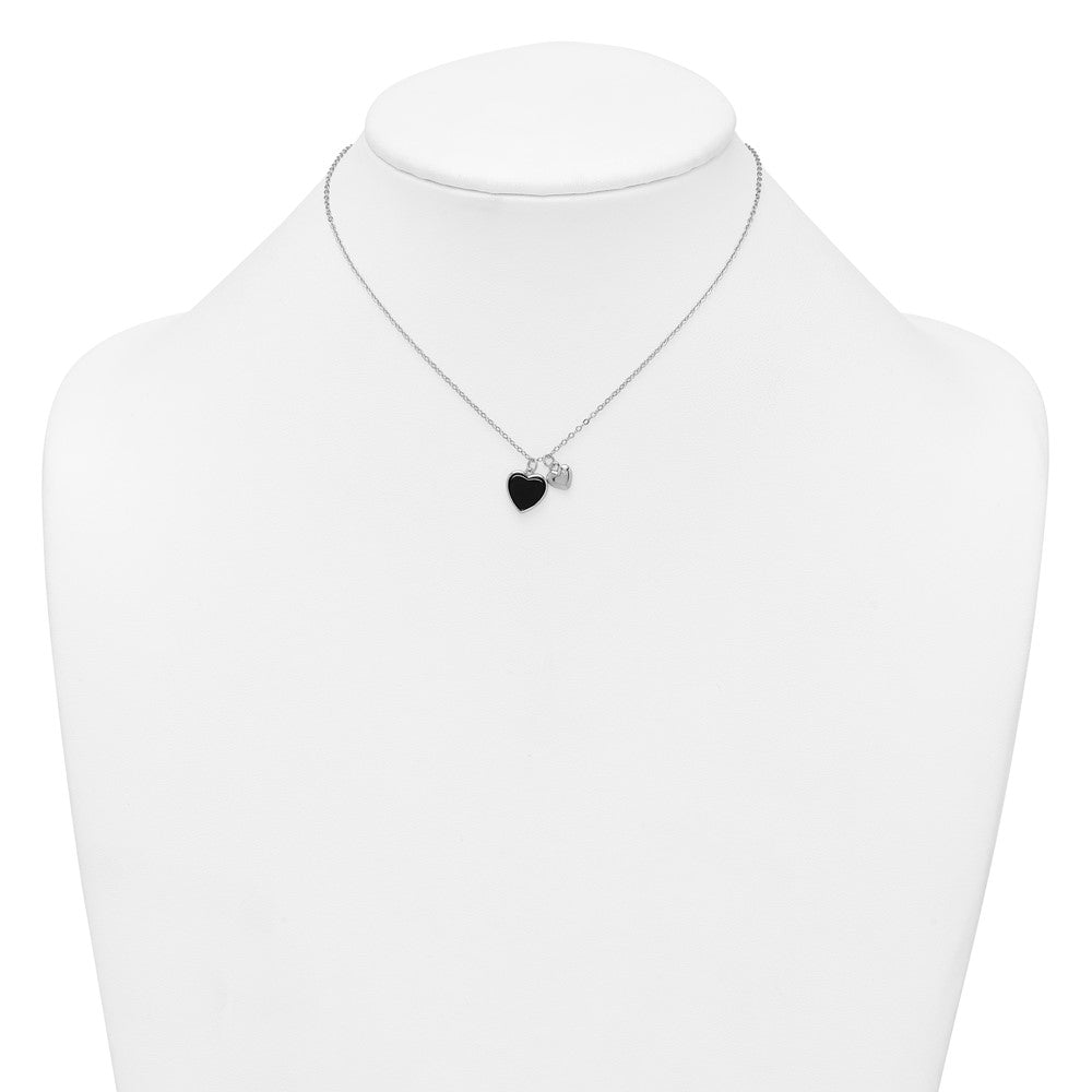 Sterling Silver Rhodium-plated Polished Onyx and CZ Hearts 14 Inch with 3 Inch Extension Children's Necklace QG7045-14