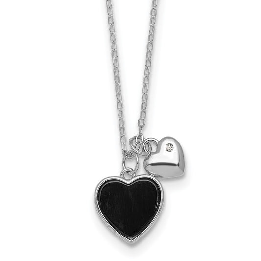 Sterling Silver Rhodium-plated Polished Onyx and CZ Hearts 14 Inch with 3 Inch Extension Children's Necklace QG7045-14