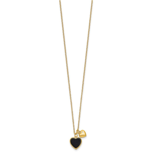Sterling Silver Gold-tone Polished Onyx and CZ Hearts 14 Inch with 3 Inch Extension Children's Necklace QG7045GP-14