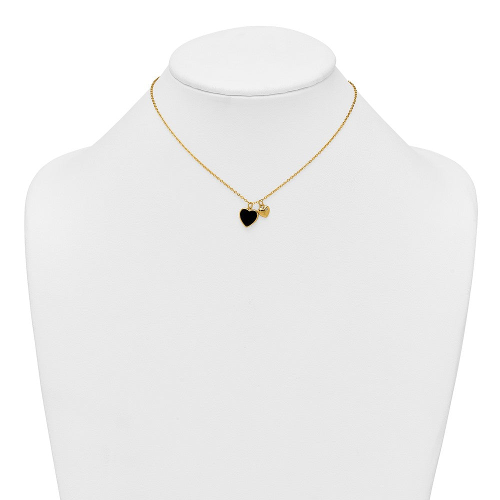 Sterling Silver Gold-tone Polished Onyx and CZ Hearts 14 Inch with 3 Inch Extension Children's Necklace QG7045GP-14