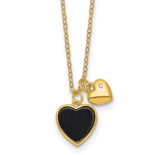 Sterling Silver Gold-tone Polished Onyx and CZ Hearts 14 Inch with 3 Inch Extension Children's Necklace QG7045GP-14