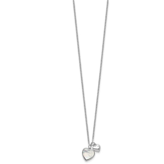 Sterling Silver Rhodium-plated Polished Mother of Pearl and CZ Hearts 14 Inch with 3 Inch Extension Children's Necklace QG7046-14