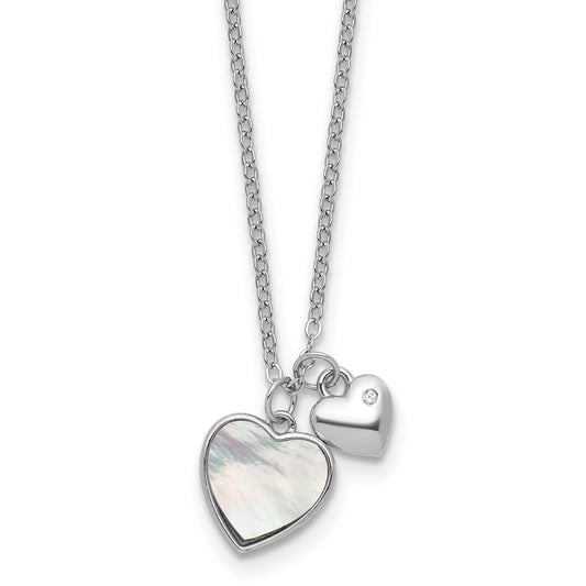 Sterling Silver Rhodium-plated Polished Mother of Pearl and CZ Hearts 14 Inch with 3 Inch Extension Children's Necklace QG7046-14