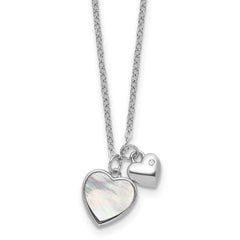 Sterling Silver Rhodium-plated Polished Mother of Pearl and CZ Hearts 14 Inch with 3 Inch Extension Children's Necklace QG7046-14