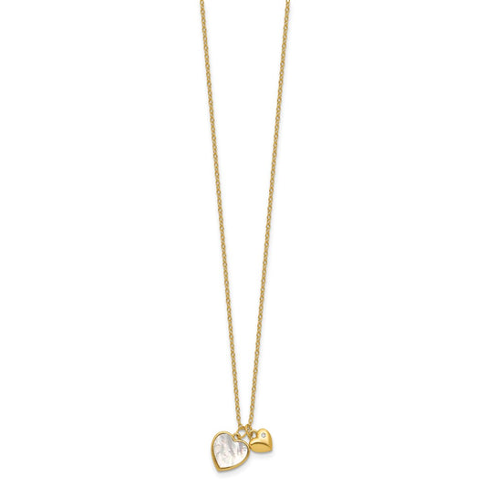 Sterling Silver Gold-tone Polished Mother of Pearl and CZ Hearts 14 Inch with 3 Inch Extension Children's Necklace QG7046GP-14