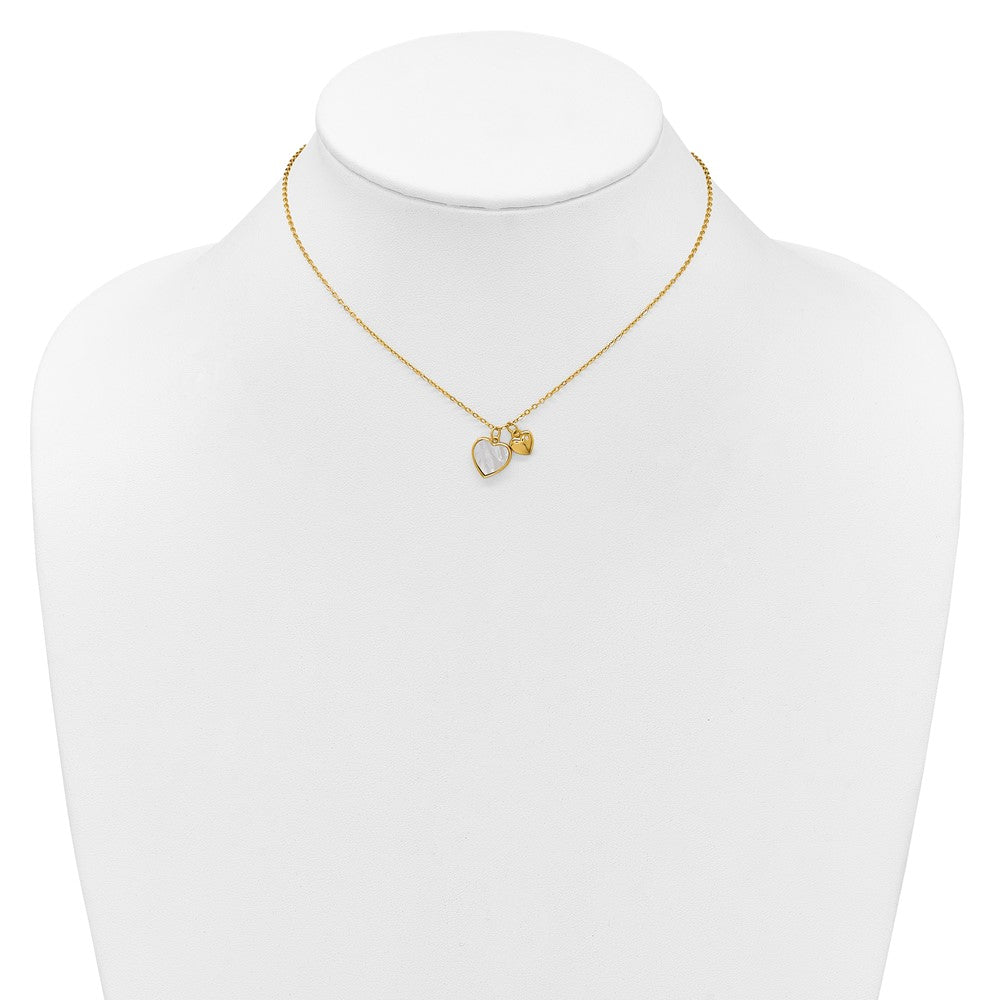 Sterling Silver Gold-tone Polished Mother of Pearl and CZ Hearts 14 Inch with 3 Inch Extension Children's Necklace QG7046GP-14