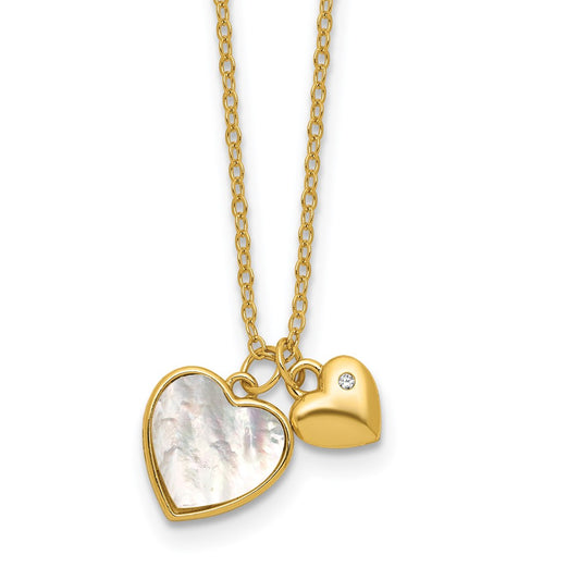 Sterling Silver Gold-tone Polished Mother of Pearl and CZ Hearts 14 Inch with 3 Inch Extension Children's Necklace QG7046GP-14