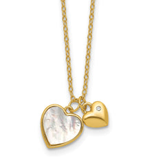 Sterling Silver Gold-tone Polished Mother of Pearl and CZ Hearts 14 Inch with 3 Inch Extension Children's Necklace QG7046GP-14