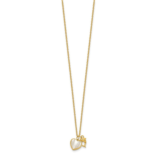 Sterling Silver Gold-tone Polished Mother of Pearl and CZ Heart and Dolphin 16 Inch with 2 Inch Extension Necklace QG7047GP-16