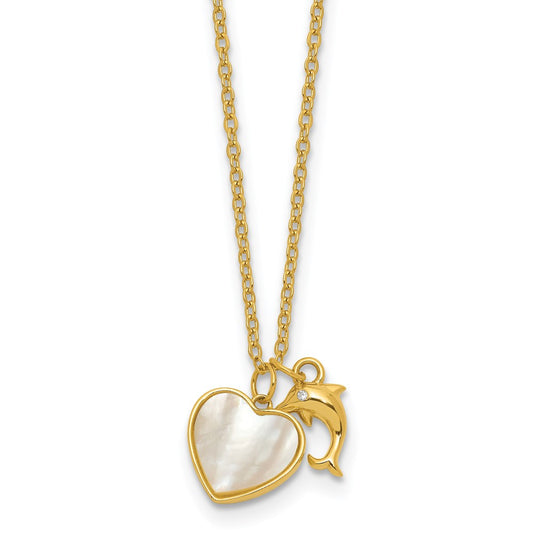 Sterling Silver Gold-tone Polished Mother of Pearl and CZ Heart and Dolphin 16 Inch with 2 Inch Extension Necklace QG7047GP-16