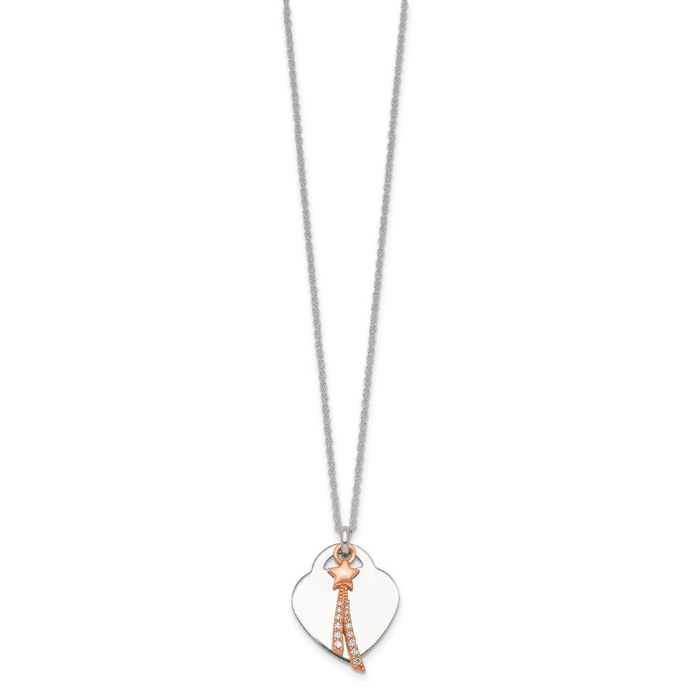Sterling Silver with Rose-tone Polished White CZ Heart and Shooting Star Dangle 16 inch Necklace QG7048-16