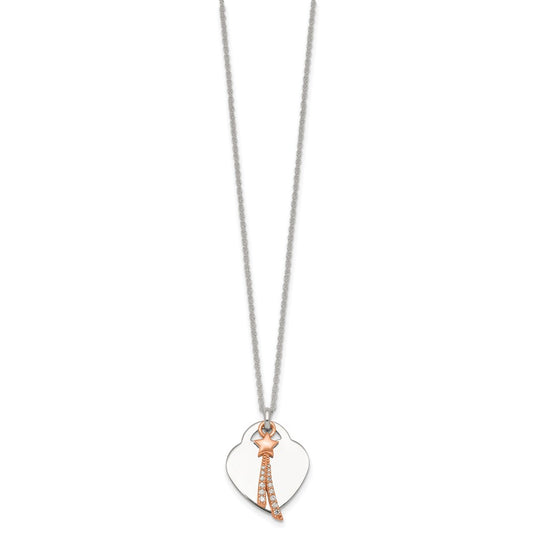 Sterling Silver with Rose-tone Polished White CZ Heart and Shooting Star Dangle 16 inch Necklace QG7048-16