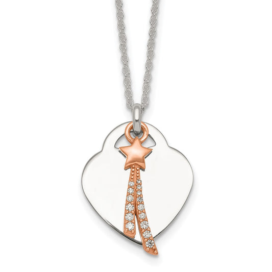 Sterling Silver with Rose-tone Polished White CZ Heart and Shooting Star Dangle 16 inch Necklace QG7048-16