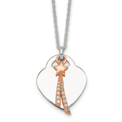 Sterling Silver with Rose-tone Polished White CZ Heart and Shooting Star Dangle 16 inch Necklace QG7048-16