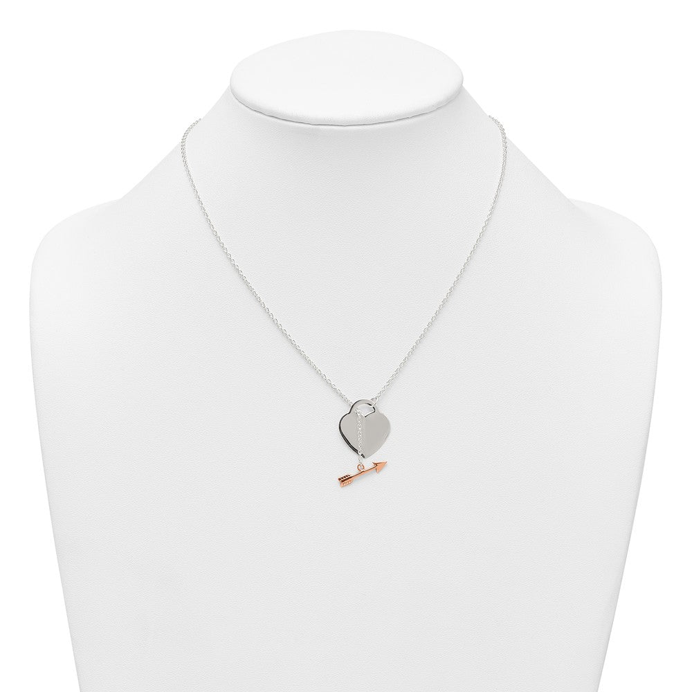 Sterling Silver with Rose-tone Polished Heart and Arrow 18 inch Toggle Necklace QG7049-18