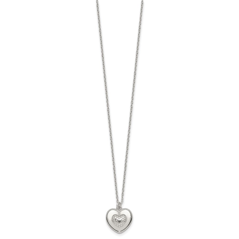 Sterling Silver Polished and Textured Heart 16 inch with 2 inch Extension Necklace QG7050-16