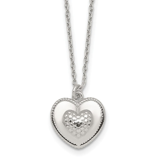 Sterling Silver Polished and Textured Heart 16 inch with 2 inch Extension Necklace QG7050-16