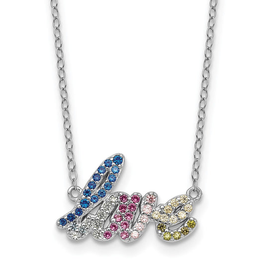 Sterling Silver Rhodium-plated Polished Multicolor CZ LOVE 16 Inch with 2 Inch Extension Necklace QG7051-16