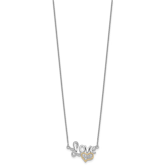 Sterling Silver Rhodium-plated with 14k Accent Polished CZ Love with Heart 16 inch with 2 inch Extension Necklace QG7052-16