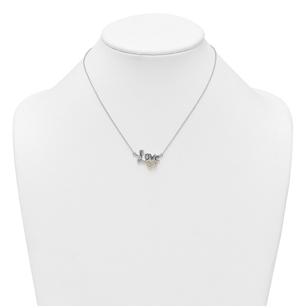 Sterling Silver Rhodium-plated with 14k Accent Polished CZ Love with Heart 16 inch with 2 inch Extension Necklace QG7052-16