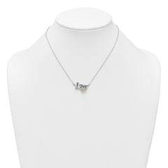 Sterling Silver Rhodium-plated with 14k Accent Polished CZ Love with Heart 16 inch with 2 inch Extension Necklace QG7052-16