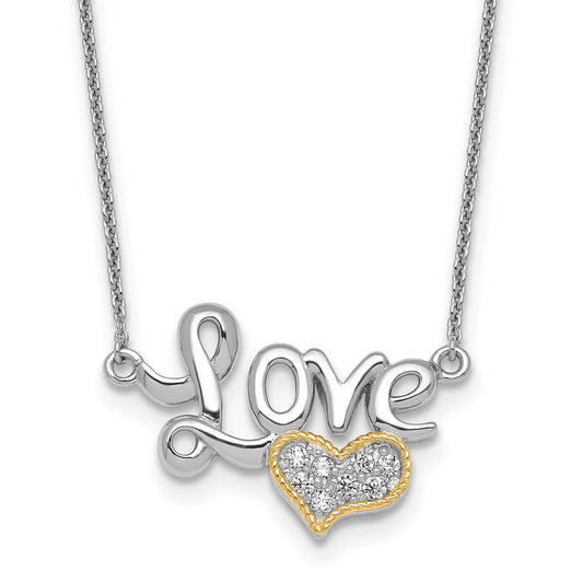 Sterling Silver Rhodium-plated with 14k Accent Polished CZ Love with Heart 16 inch with 2 inch Extension Necklace QG7052-16