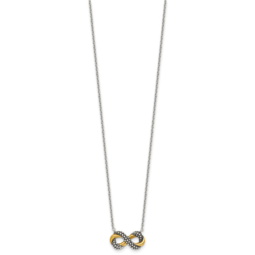 Sterling Silver with Gold-tone Polished and Antiqued Beaded Infinity Charm 16 inch Necklace QG7053-16