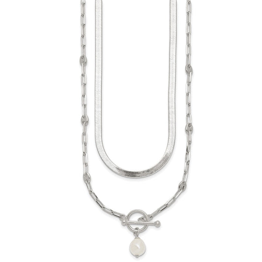 Sterling Silver Polished Baroque White Crystal Pearl Multi-strand 14 inch with 2 inch Extension Necklace QG7060-14