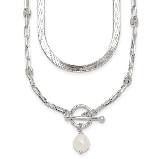 Sterling Silver Polished Baroque White Crystal Pearl Multi-strand 14 inch with 2 inch Extension Necklace QG7060-14