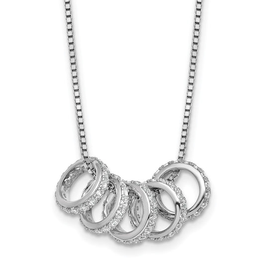 Sterling Silver Rhodium-plated Five Moveable CZ Rings 18 inch with 2 inch Extension Necklace QG7074-18