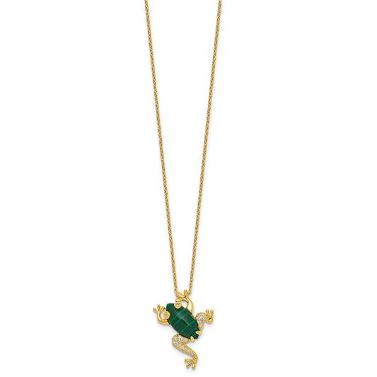 Sterling Silver Gold-tone CZ and Lab Created Malachite Frog 18 inch Necklace QG7087GP-18