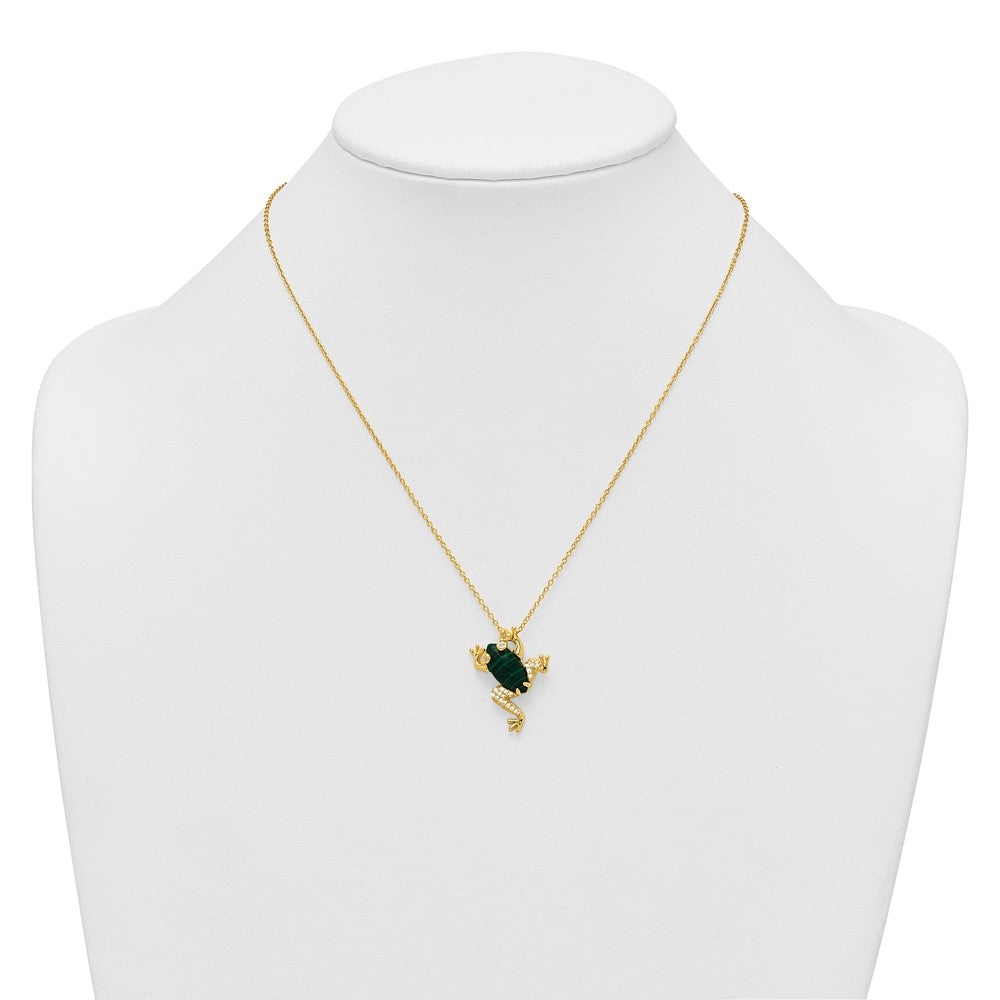 Sterling Silver Gold-tone CZ and Lab Created Malachite Frog 18 inch Necklace QG7087GP-18