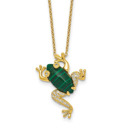 Sterling Silver Gold-tone CZ and Lab Created Malachite Frog 18 inch Necklace QG7087GP-18