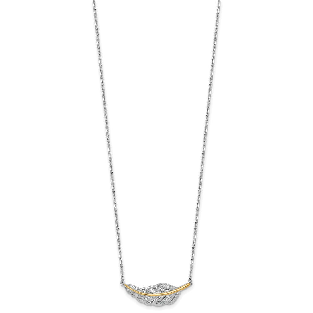 Sterling Silver Rhodium-plated with 14k Accent Polished CZ Feather 16 inch with 2 inch Extension Necklace QG7091-16