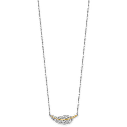 Sterling Silver Rhodium-plated with 14k Accent Polished CZ Feather 16 inch with 2 inch Extension Necklace QG7091-16