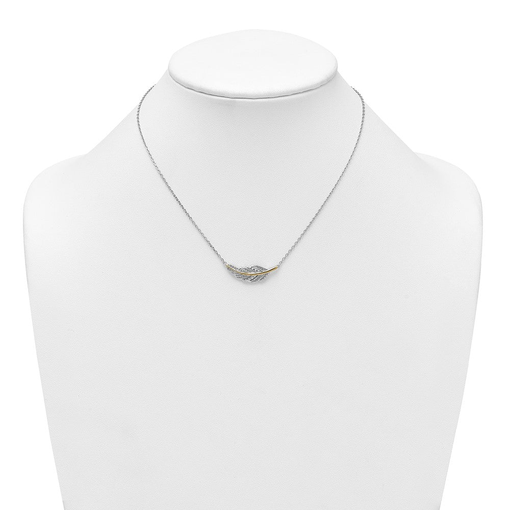 Sterling Silver Rhodium-plated with 14k Accent Polished CZ Feather 16 inch with 2 inch Extension Necklace QG7091-16