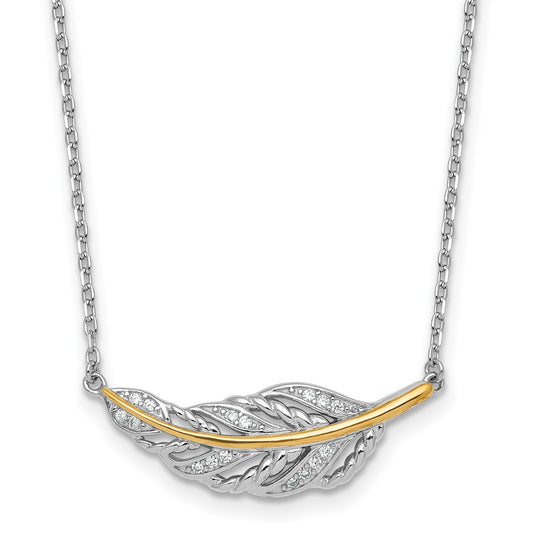 Sterling Silver Rhodium-plated with 14k Accent Polished CZ Feather 16 inch with 2 inch Extension Necklace QG7091-16