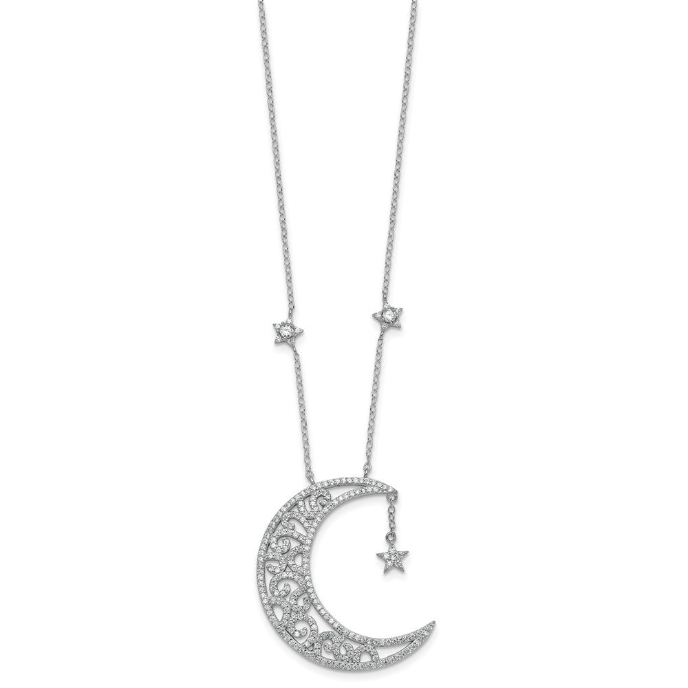 Sterling Silver Rhodium-plated Polished CZ Filigree Moon and Stars 18 Inch Necklace QG7099-18