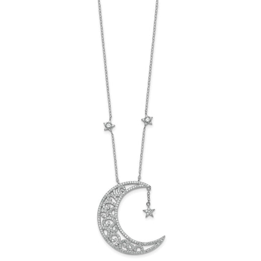 Sterling Silver Rhodium-plated Polished CZ Filigree Moon and Stars 18 Inch Necklace QG7099-18