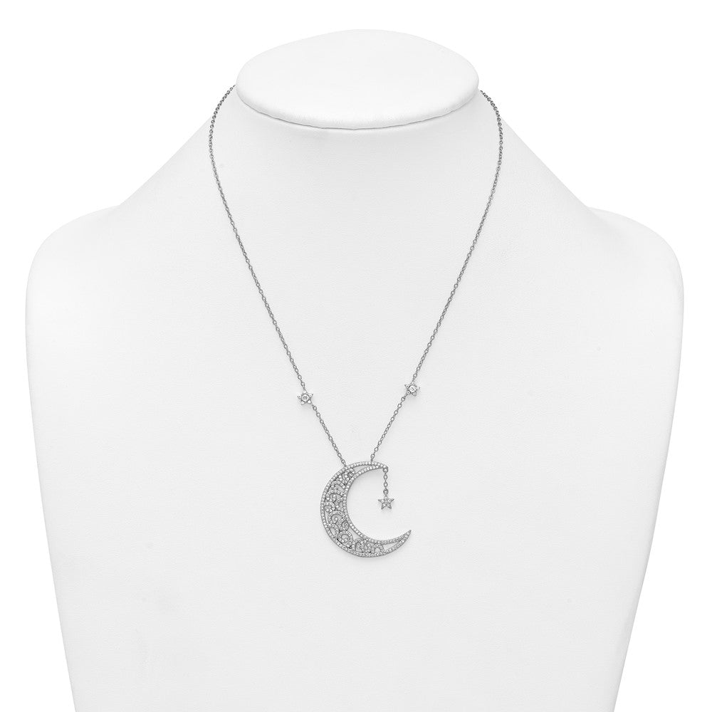 Sterling Silver Rhodium-plated Polished CZ Filigree Moon and Stars 18 Inch Necklace QG7099-18