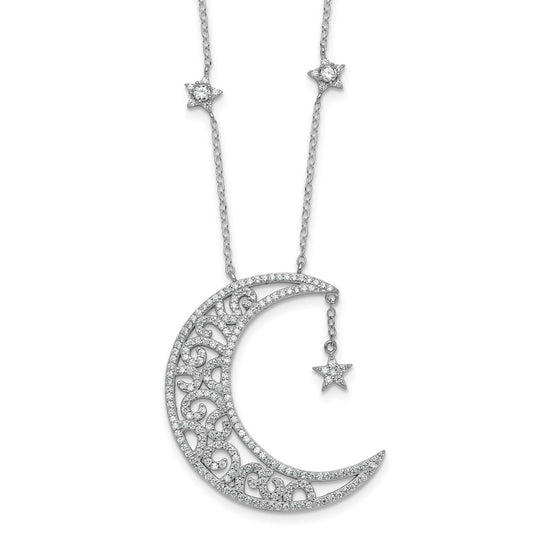 Sterling Silver Rhodium-plated Polished CZ Filigree Moon and Stars 18 Inch Necklace QG7099-18