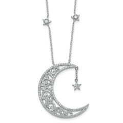 Sterling Silver Rhodium-plated Polished CZ Filigree Moon and Stars 18 Inch Necklace QG7099-18