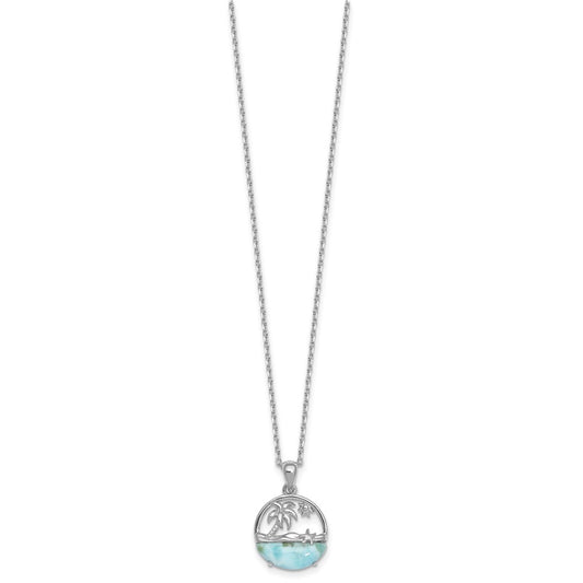Sterling Silver Rhodium-plated Polished Larimar Beach Scene 16 Inch with 1.75 Inch Extension Necklace QG7100-16