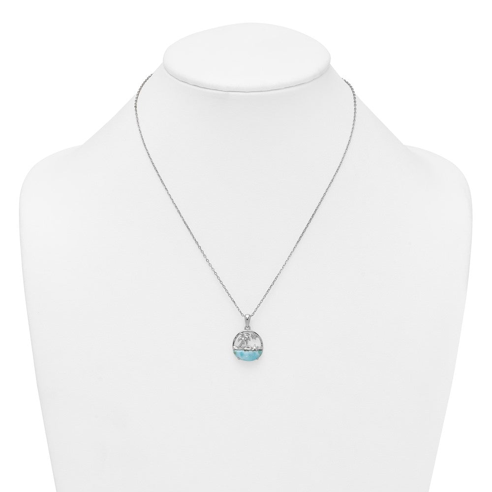 Sterling Silver Rhodium-plated Polished Larimar Beach Scene 16 Inch with 1.75 Inch Extension Necklace QG7100-16
