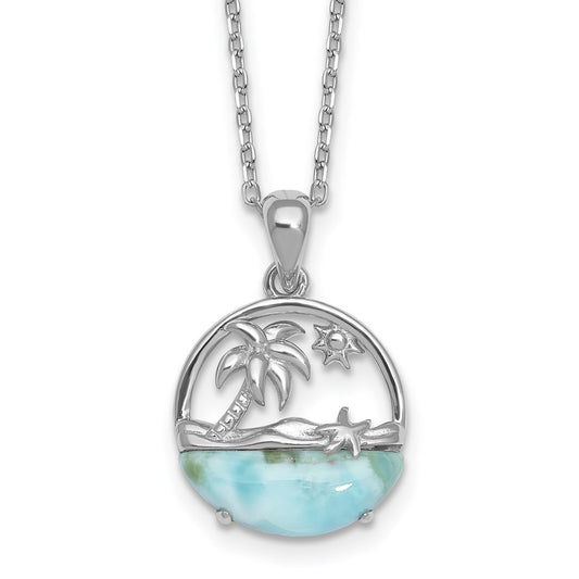 Sterling Silver Rhodium-plated Polished Larimar Beach Scene 16 Inch with 1.75 Inch Extension Necklace QG7100-16