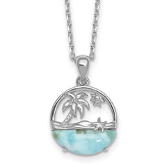 Sterling Silver Rhodium-plated Polished Larimar Beach Scene 16 Inch with 1.75 Inch Extension Necklace QG7100-16
