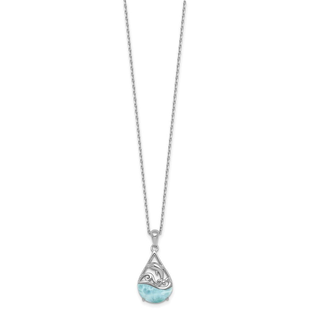 Sterling Silver Rhodium-plated Polished Larimar Dolphin Teardrop 16 Inch with 2 Inch Extension Necklace QG7101-16
