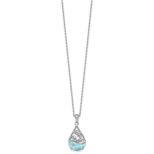Sterling Silver Rhodium-plated Polished Larimar Dolphin Teardrop 16 Inch with 2 Inch Extension Necklace QG7101-16