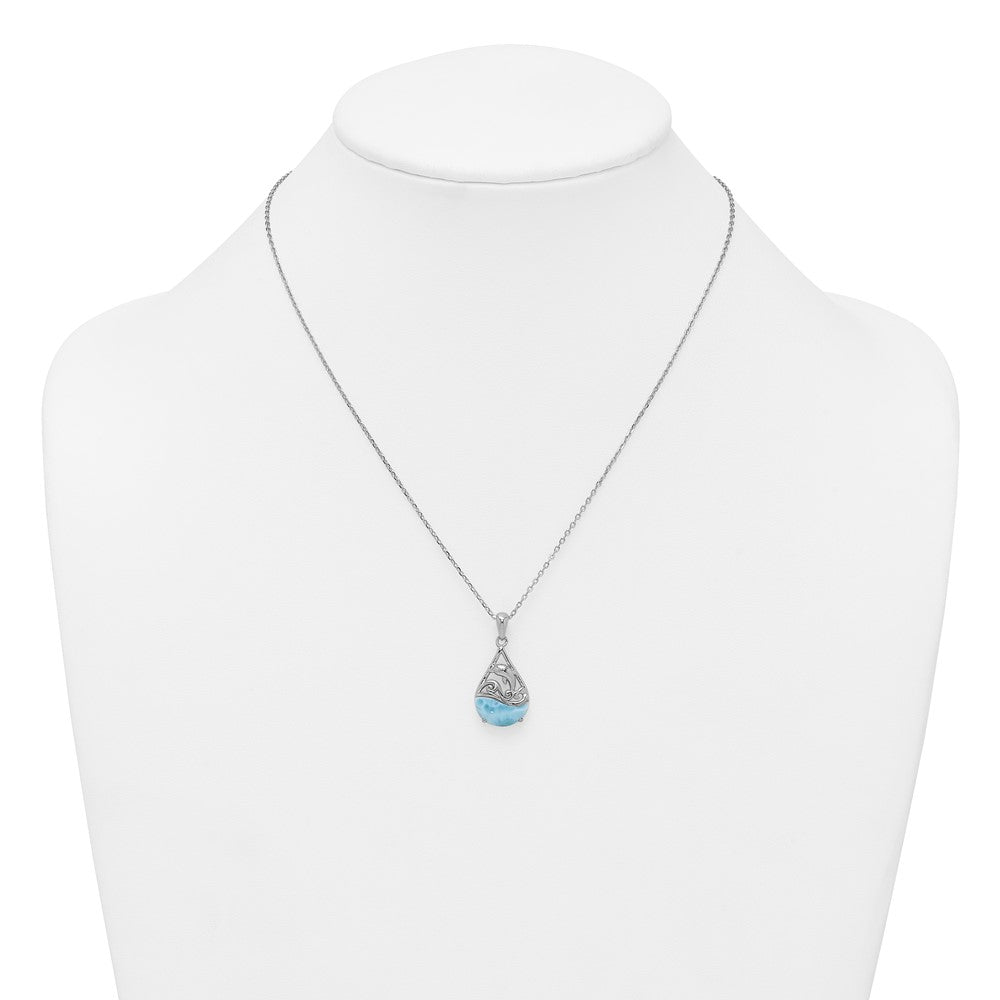 Sterling Silver Rhodium-plated Polished Larimar Dolphin Teardrop 16 Inch with 2 Inch Extension Necklace QG7101-16