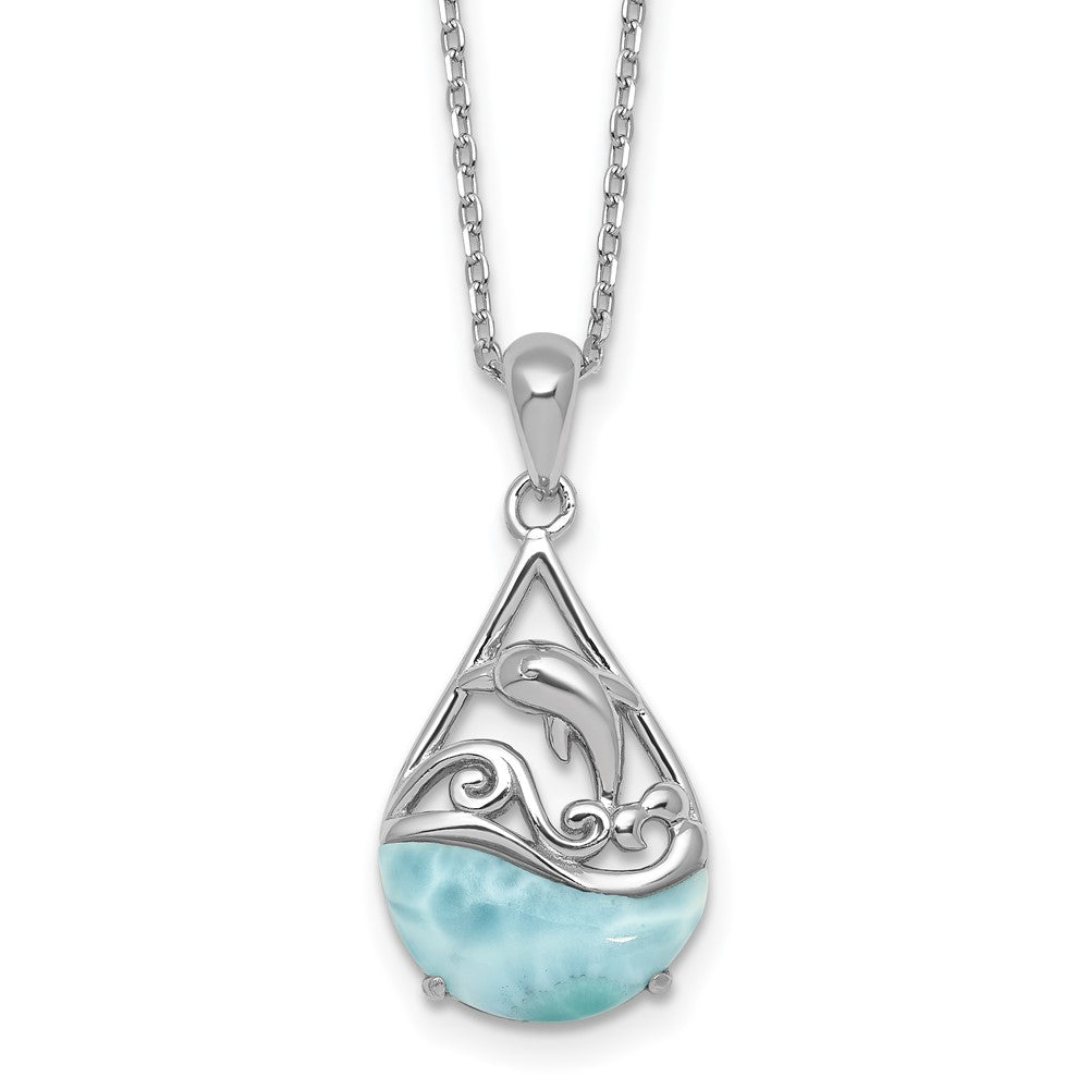 Sterling Silver Rhodium-plated Polished Larimar Dolphin Teardrop 16 Inch with 2 Inch Extension Necklace QG7101-16